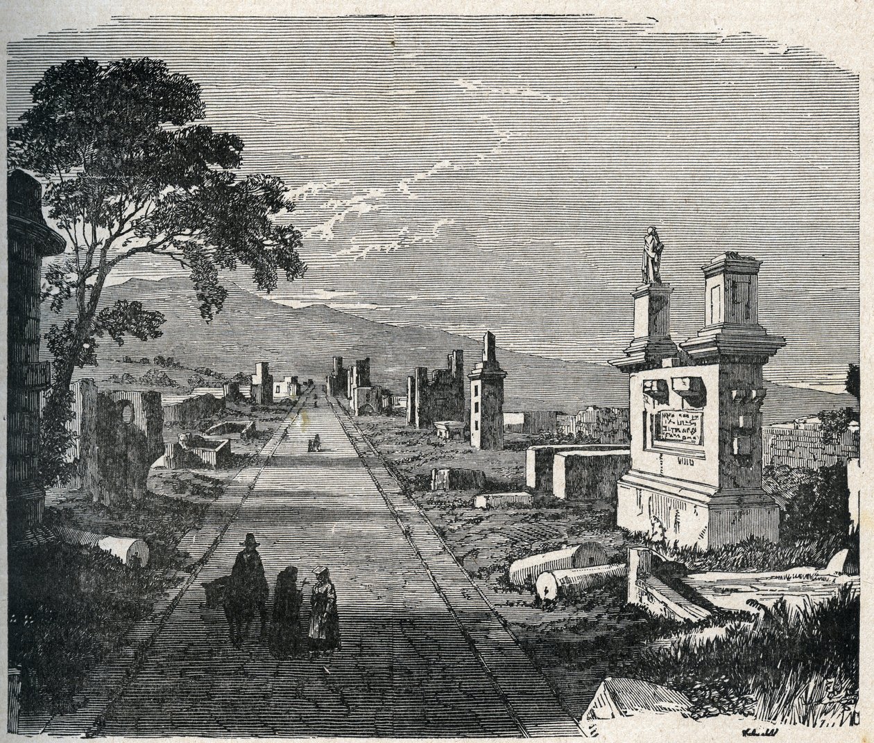 De oude Appiaanse weg, via appia die de Pontijnse moerassen (Agro pontino) bij Rome doorkruist. Gravure uit de 19e eeuw. door Unknown artist