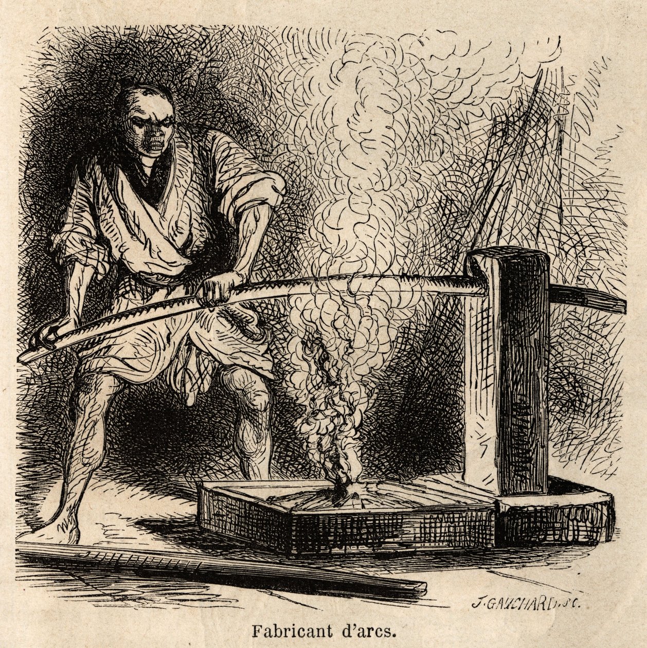 De boogmaker in zijn werkplaats, stelt het hout bloot aan de vlam van een vuur van spaanders, om ze de nodige buiging van hun kromming te geven. Gravure ter illustratie van de reis naar Japan, door Aime Humbert, minister van de Zwitserse Confederatie, in 1 door Unknown artist