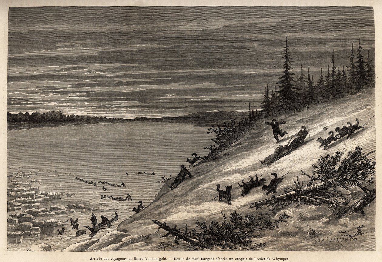 De aankomst van passagiers per hondenslee bij de Yukon-rivier (extreem noordelijk Canada) volledig bevroren. Gravure ter illustratie van de reis en avonturen in Engels Colombia, Vancouver Island en Alaska, door Frederick Whymper door Unknown artist