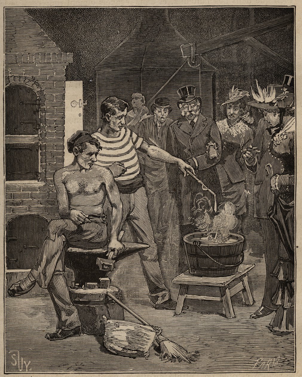 De kunst van glas: ervaring met batavische tranen. Druppels gesmolten glas worden in een koudwaterbad gedruppeld, die bevriezen in de vorm van tranen. Gravure uit 1885 in “Les arts et métiers illustrés” door Adolphe BITARD door Unknown artist