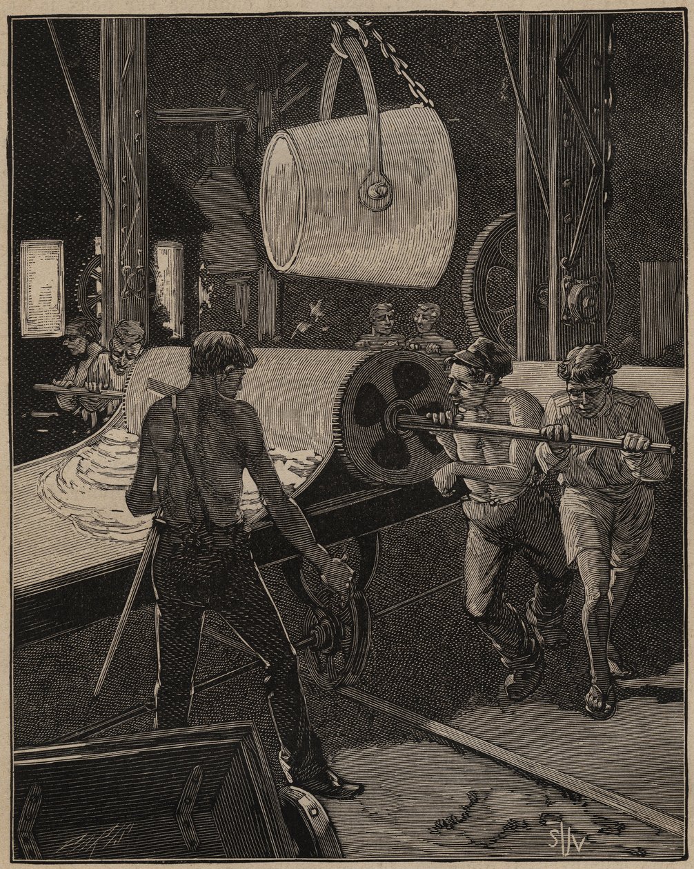 De kunst van glas: ijs maken. Stap genaamd “de grote stroom”. Gravure uit 1885 in “Les arts et métiers illustrés” door Adolphe BITARD door Unknown artist