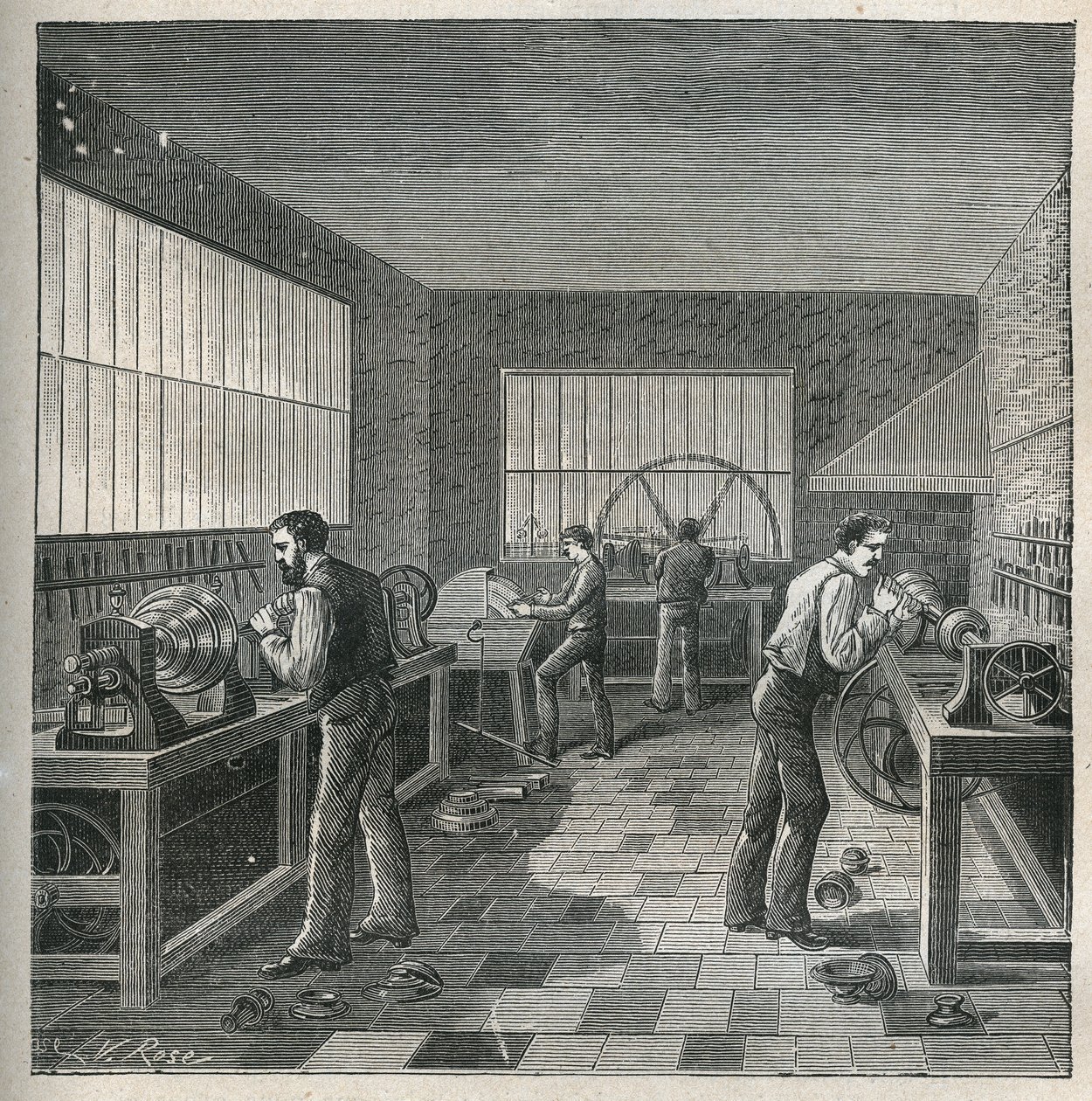 De kunst van het draaien: metaalbewerking in een werkplaats van een draaier-repeller. Gravure uit 1885 in 