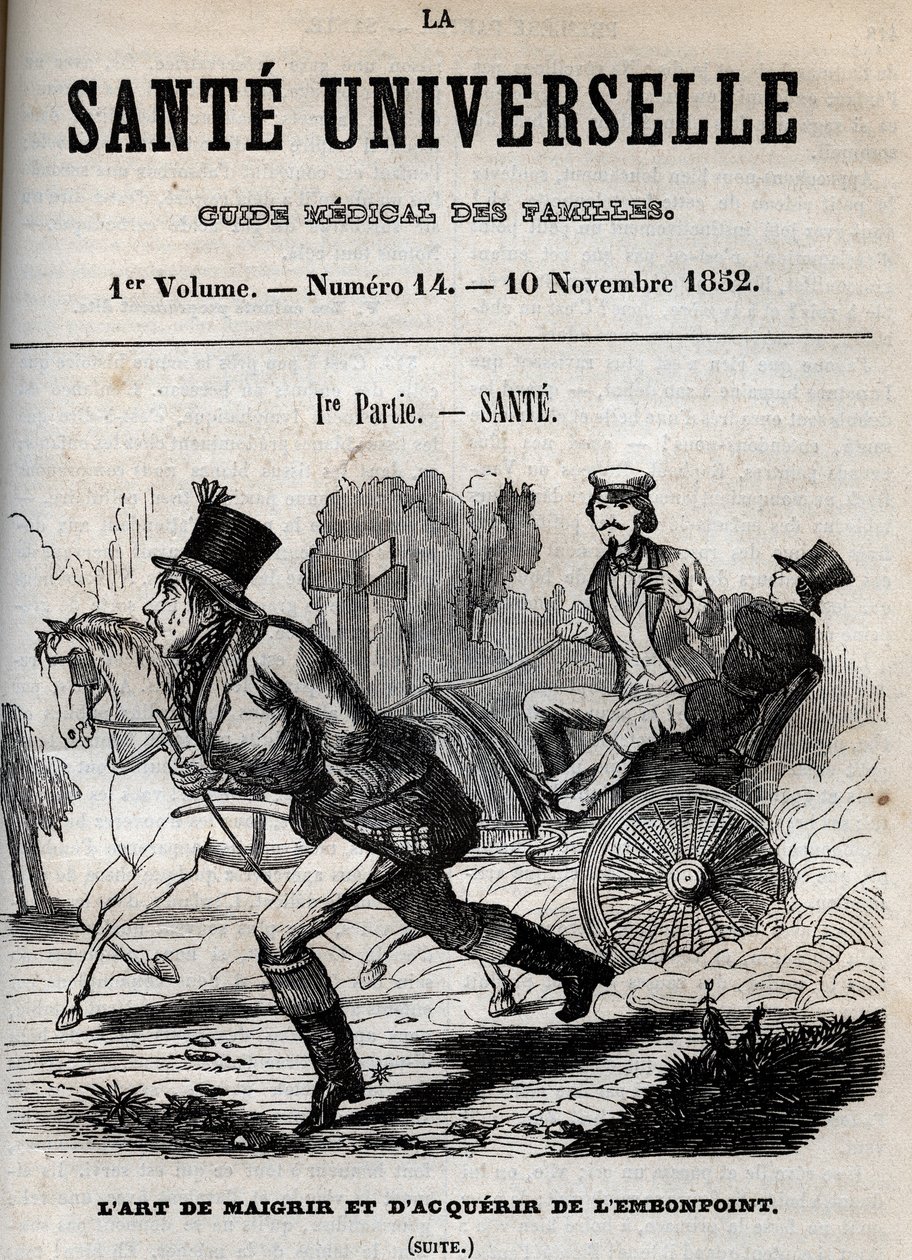 De kunst van afvallen en aankomen: een man loopt terwijl een ander in een koets wordt vervoerd - gravure in 