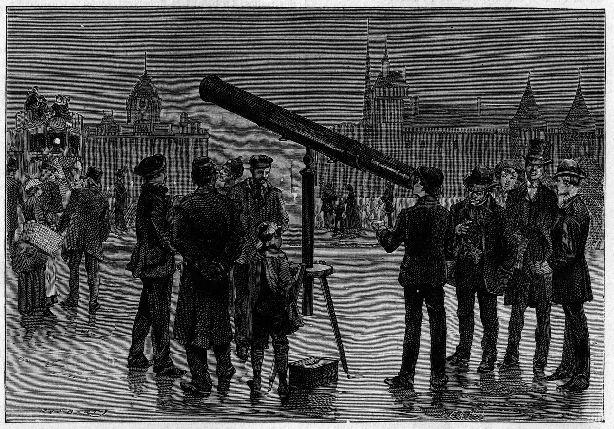 De astronoom en zijn astronomische kijker op de Place du Chatelet, in Parijs, ten tijde van de waarnemingen van de planeet Venus, in februari 1889. Gravure in 
