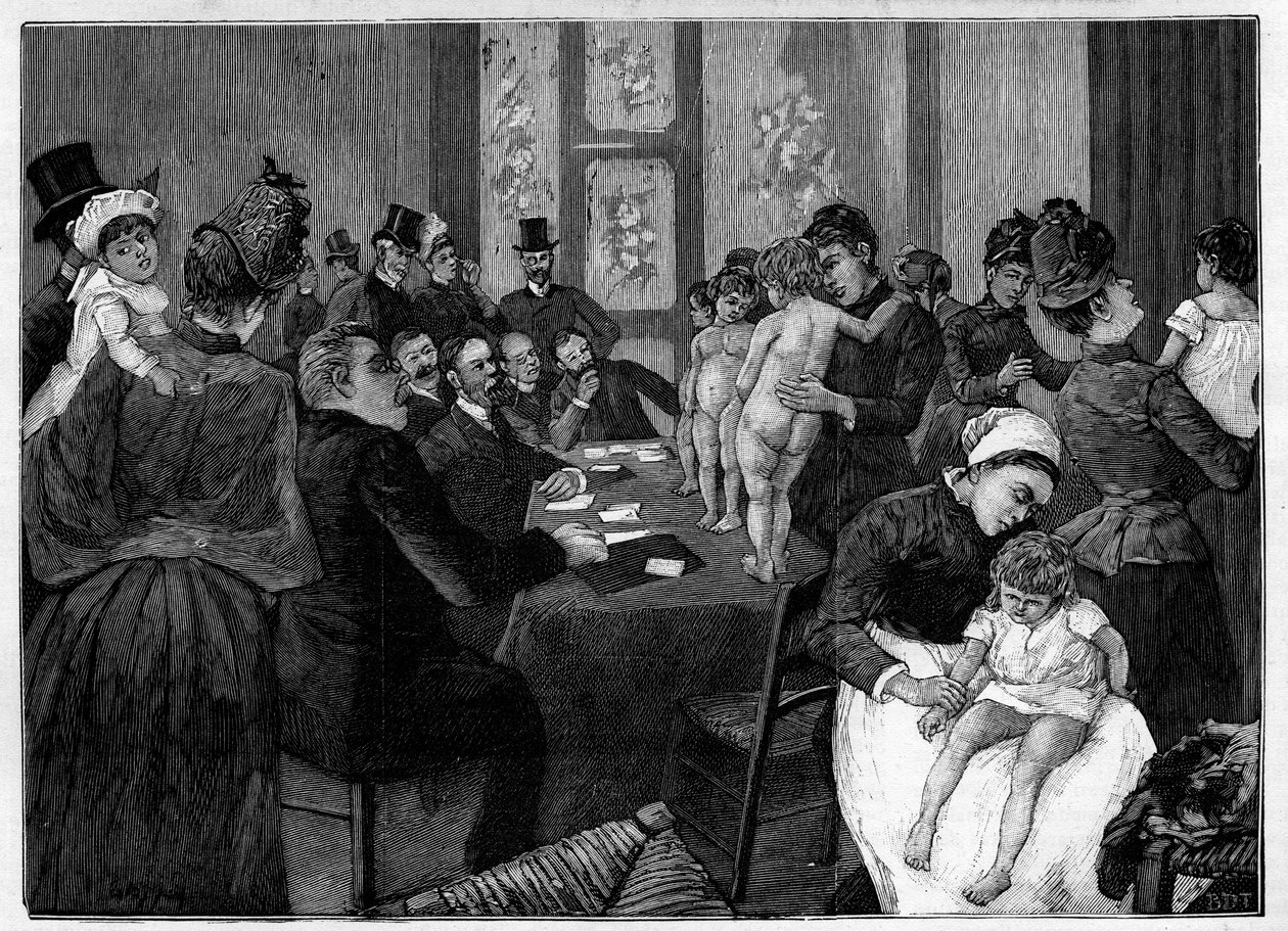 De babywedstrijd. Moeder toont hun naakte kind voor de jury rue du Cloitre Notre Dame (Cloitre-Notre-Dame) in Parijs voor de verkiezing van de mooiste baby. Gravure in "Le Monde illustré" door Unknown artist