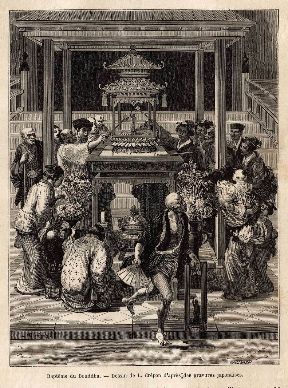 De doop van de Boeddha, een jaarlijks feest dat plaatsvindt op de 8e dag van de 4e maand, gelovigen besprenkelen het bronzen beeld van de Boeddha dat voor de gelegenheid voor de tempels wordt tentoongesteld. Gravure ter illustratie van de reis naar Japan,  door Unknown artist