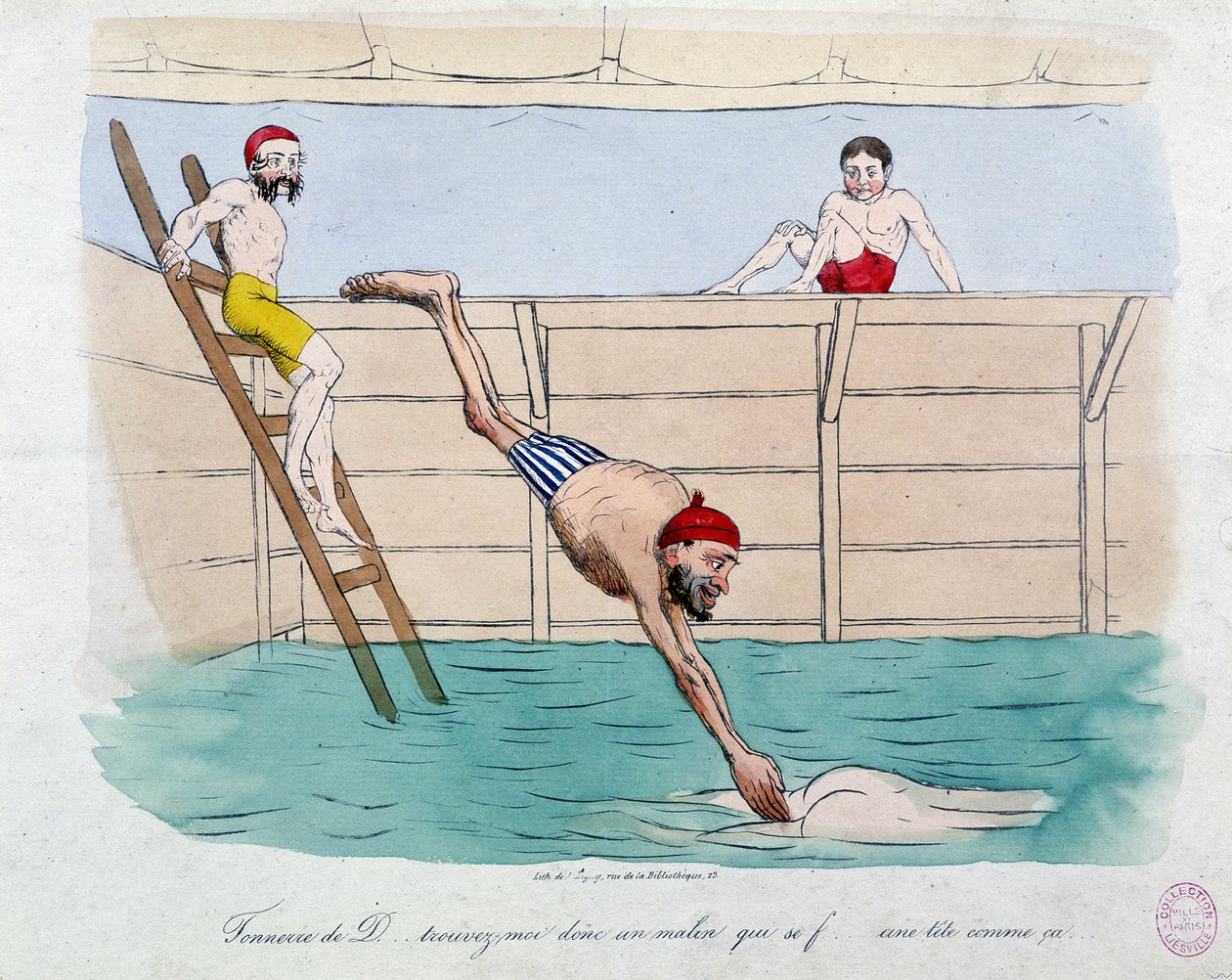 Het bad: karikatuur van openbare baden (zwembaden) in Parijs - 19e eeuw, Carnavalet door Unknown artist
