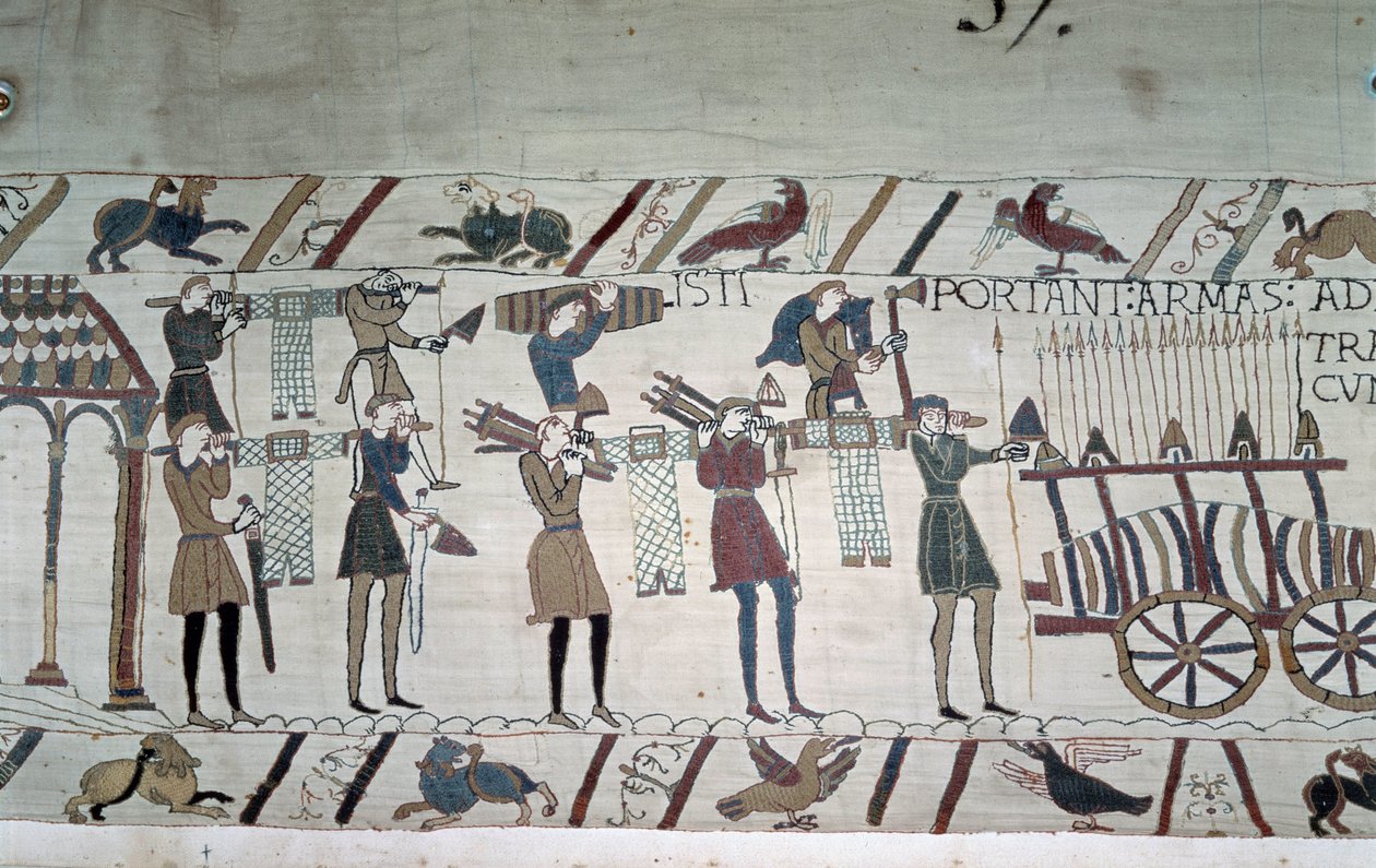 De slag tussen de Engelse infanteristen (troepen van Harold) en de Normandiërs te paard (troepen van Guillaume) - Tapijt van Bayeux, bekend als Borduurwerk van Koningin Mathilde door Unknown artist