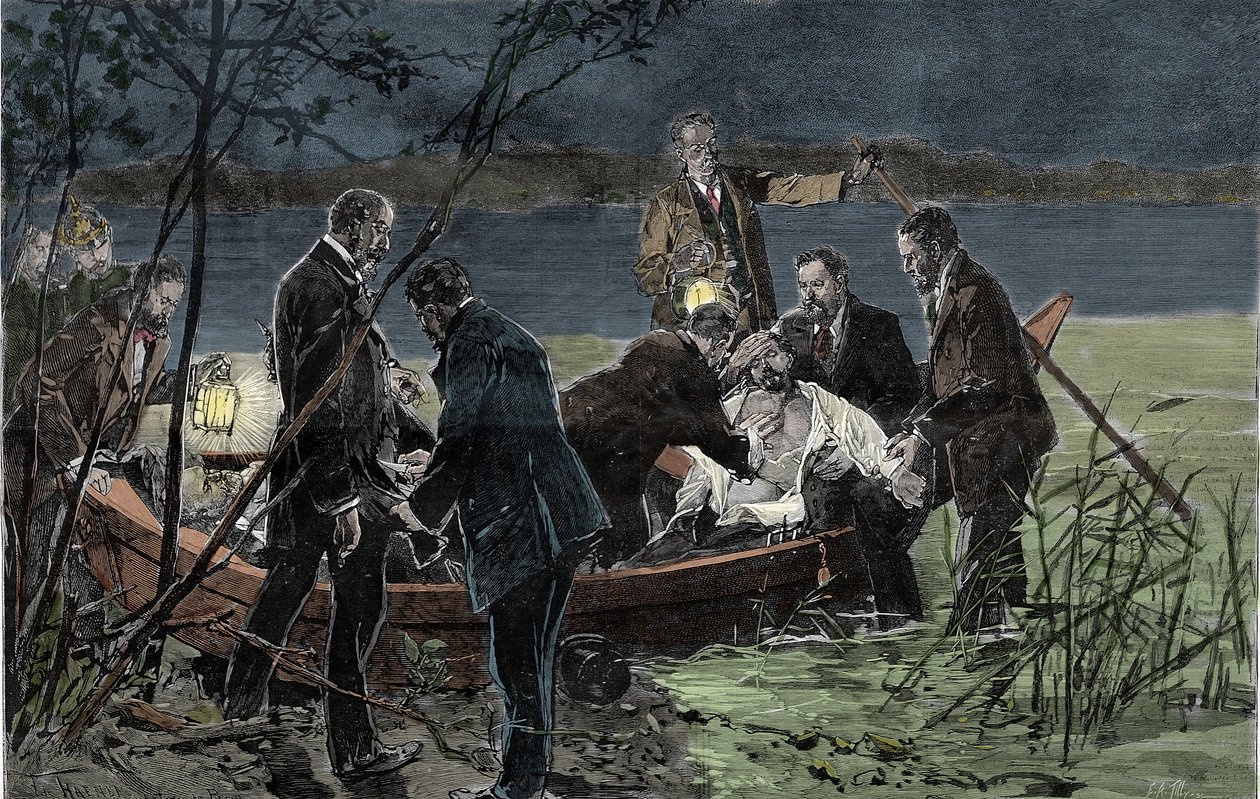 Het lichaam van Lodewijk (Ludwig) II van Beieren Wittelsbach (1845-1886) gevonden verdronken met Dr. Gudden in het Starnbergmeer nabij Slot Berg in juni 1886 door Unknown artist