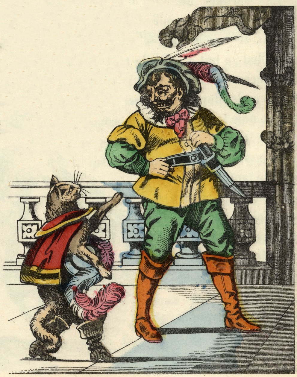 De gelaarsde kat ontmoet de reus. Illustratie van het sprookje 