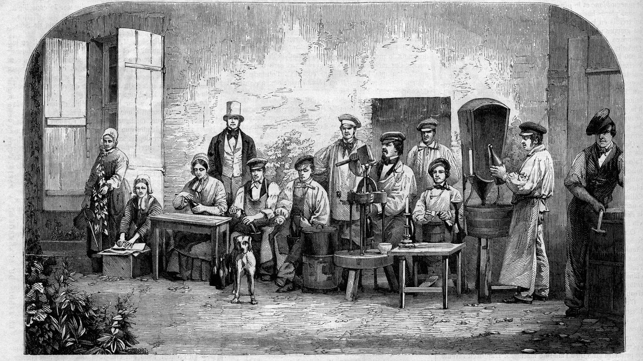 Het bottelen van Champagnewijn. Gravure uit 1864. door Unknown artist