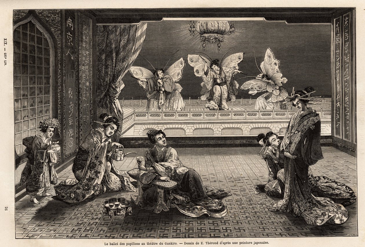 Het vlinderballet in het Gankiro Theater, in het Miyozaki Pleasure District in Yokohama. Gravure ter illustratie van de reis naar Japan, door Aime Humbert, minister van de Zwitserse Confederatie, in 1863-1864, gepubliceerd in 