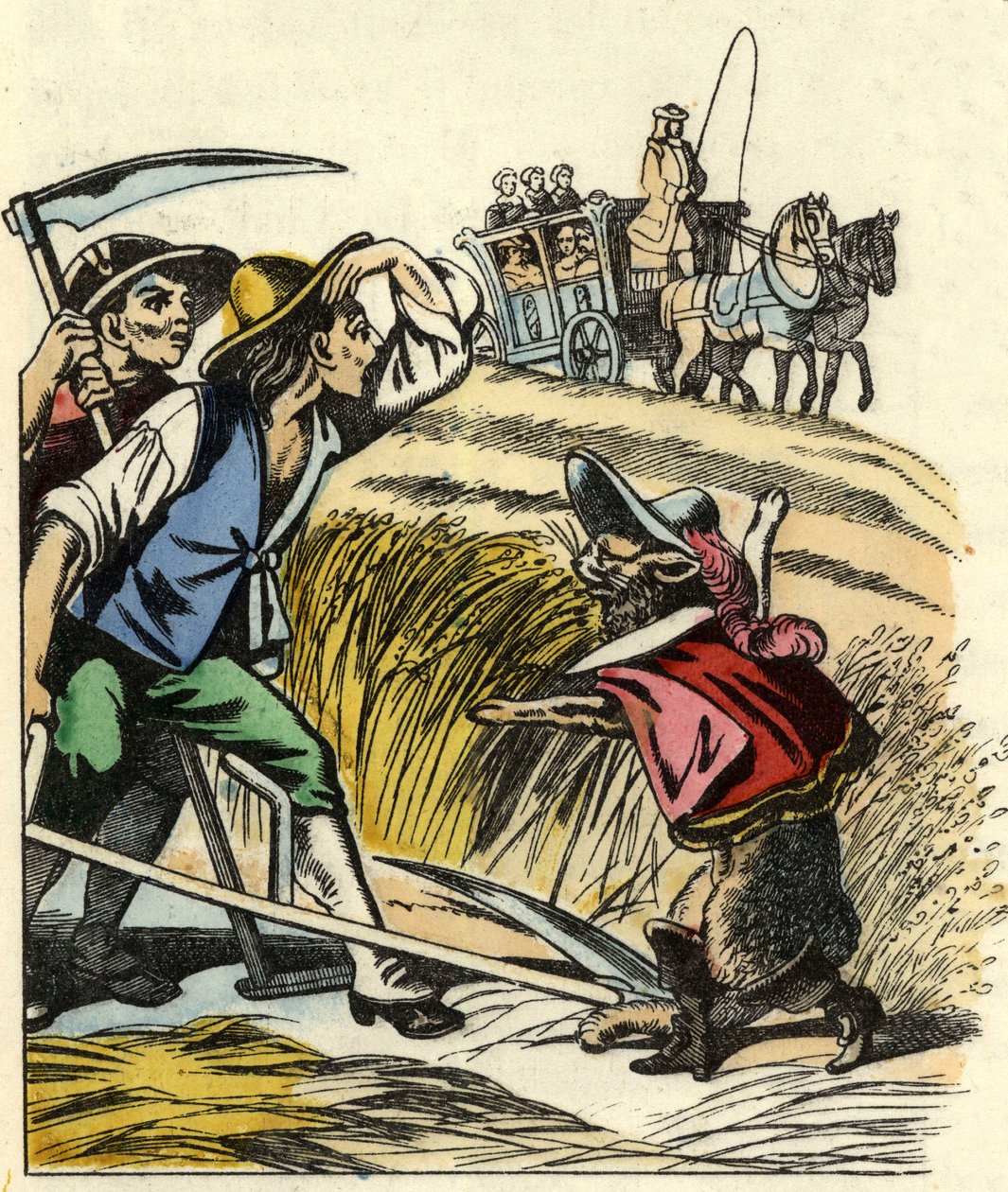 De kat dwingt de boeren te zeggen dat het veld waarin ze het graan maaien toebehoort aan de Markies van Carabas (illustratie van het sprookje 