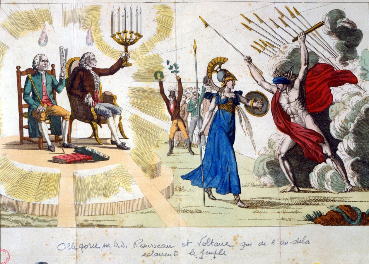 De eeuw van de Verlichting: filosofen Jean Jacques Rousseau en Voltaire, uit het verleden, verlichten het volk - allegorie door Unknown artist