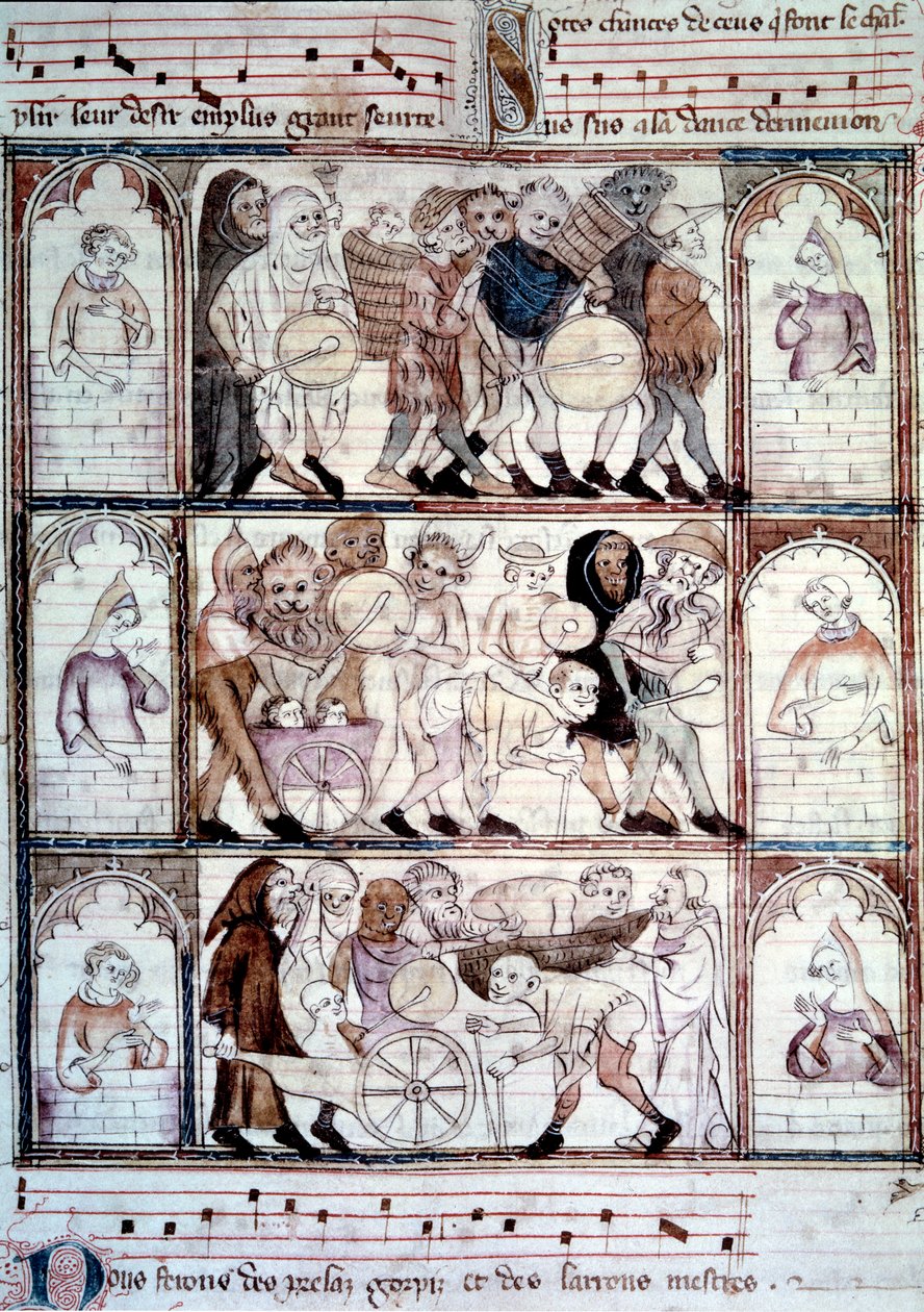 Het charivari-feest voor het huwelijk van Fauvel. Processie van muzikanten en travestieten. Miniatuur uit het manuscript 