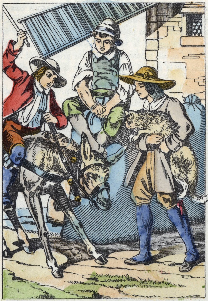 De kinderen van de overleden molenaar verdelen zijn eigendommen: ezel, molen en kat. Illustratie van het sprookje 