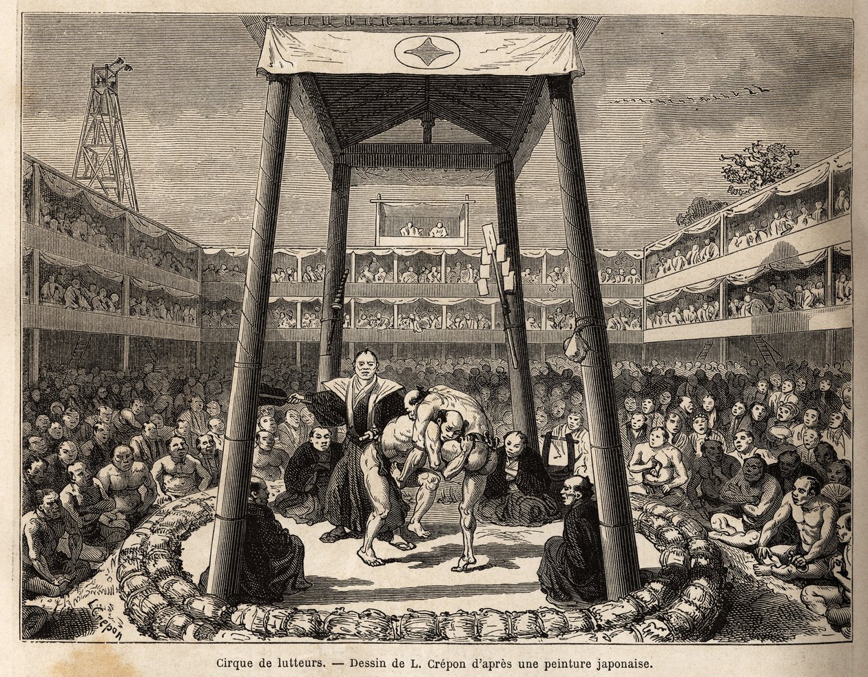 Het circus van worstelaars, die wachten op hun beurt om te vechten, vindt plaats in de arena onder de houten kooi; overal omheen, de menigte toeschouwers en gokkers kijken gepassioneerd naar de gevechten. Gravure ter illustratie van de reis naar Japan, doo door Unknown artist
