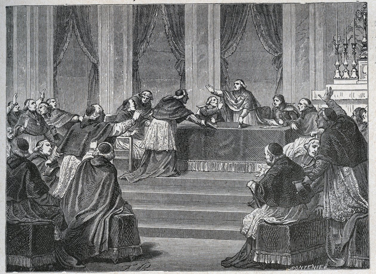 De geestelijkheid van Frankrijk en Italië ontmoette elkaar in Parijs voor de vergadering van de Franse Nationale Raad op 9 juni 1811, voorgezeten door kardinaal Fesch (1763-1839). door Unknown artist