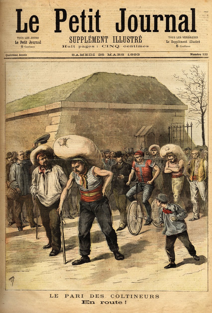 De weddenschap van de kolenhandelaren, zakken van 100 kilogram dragend, de weddenschap bestaat uit het te voet verbinden van Parijs en Corbeil (32 kilometer), winnaar Jean Labas maakte de race in 14 uur (12 uur voor op de tweede). Gravure in 
