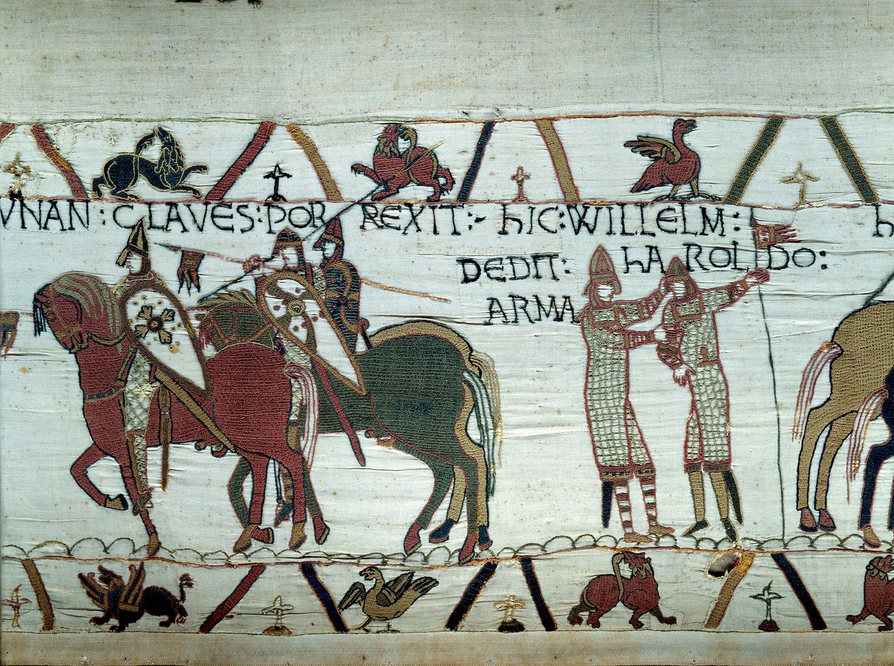 De verovering van Bretagne door de Hertog van Normandië Willem de Veroveraar: links ontvangt de hertog de sleutels van de stad Dinan, rechts maakt hij een ridder van Harold, gestuurd door de Engelse koning Edward de Belijder (detail) door Unknown artist