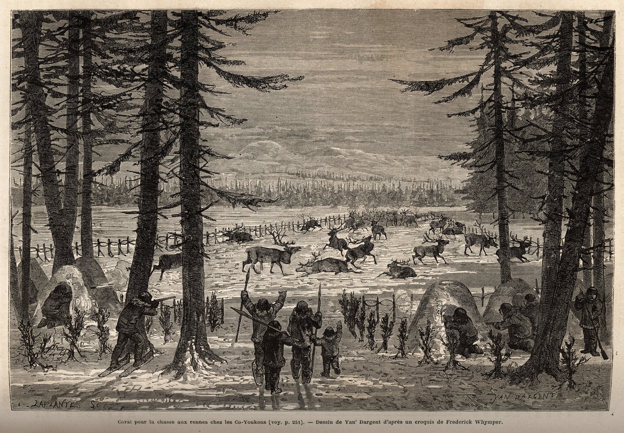 Het koraal voor rendierjacht in de Co-Yukon (co-Yukon of co-Youkouk) (Indiaanse stam van het uiterste noorden van Canada). Gravure ter illustratie van de reis en avonturen in Engels Colombia, Vancouver Island en Alaska, door Frederick Whymper door Unknown artist