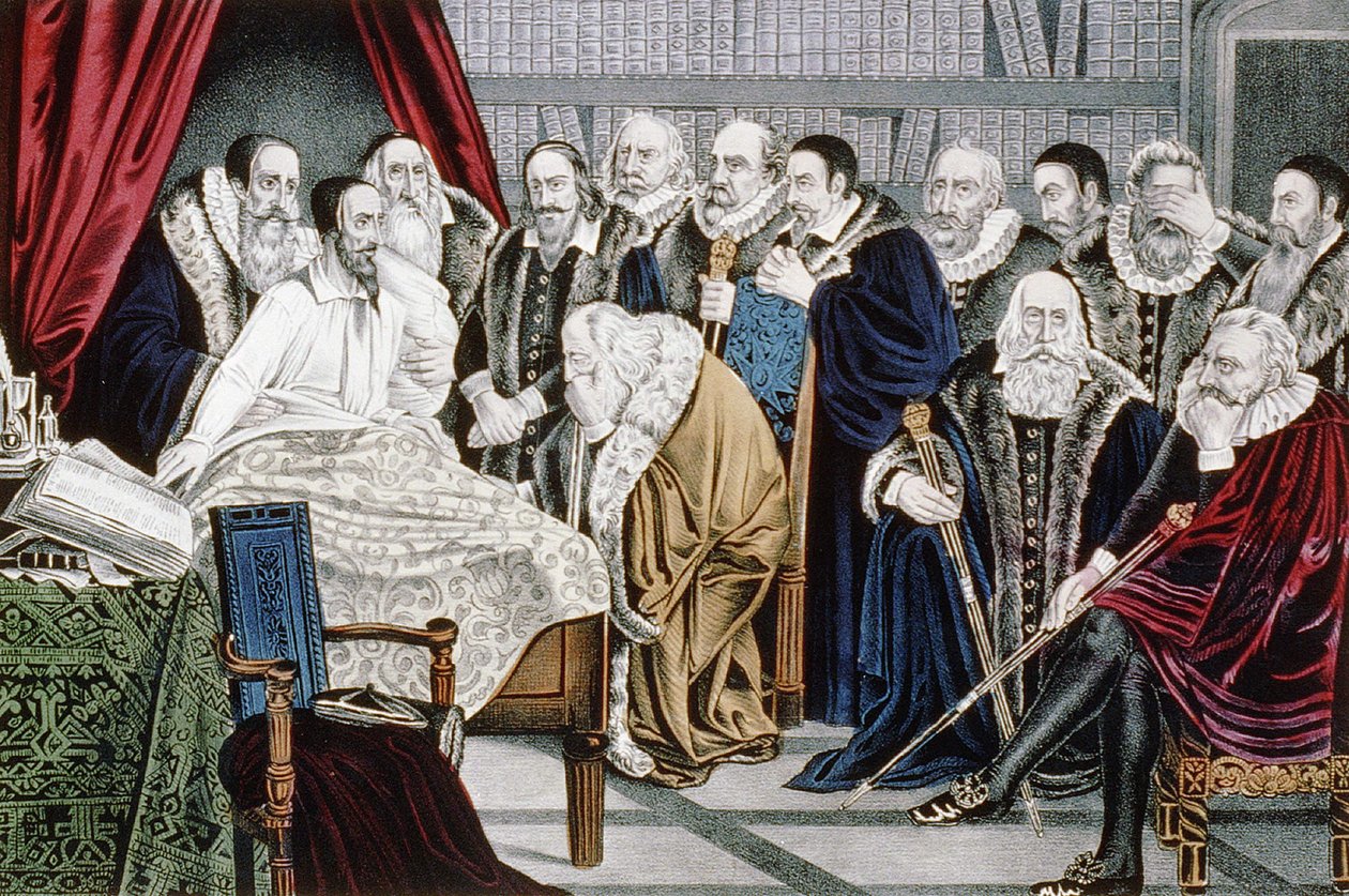De dood van Calvijn (1509 - 1564) op 24/05/1564 door Unknown artist