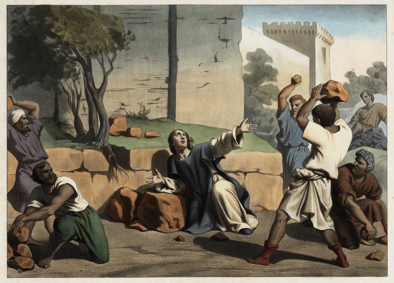 De dood van Sint-Stefanus: Sint-Stefanus gestenigd door de Joden wordt beschouwd als de eerste christelijke martelaar. Anonieme gravure uit het midden van de 19e eeuw. door Unknown artist