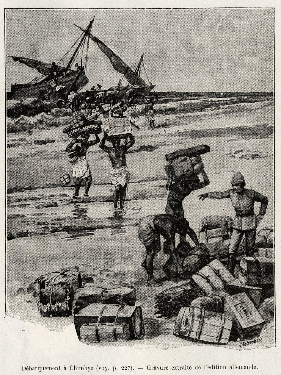 De ontscheping bij Chimbye (Tanzania) van de Peters-expeditie. Gravure ter illustratie van het verhaal 