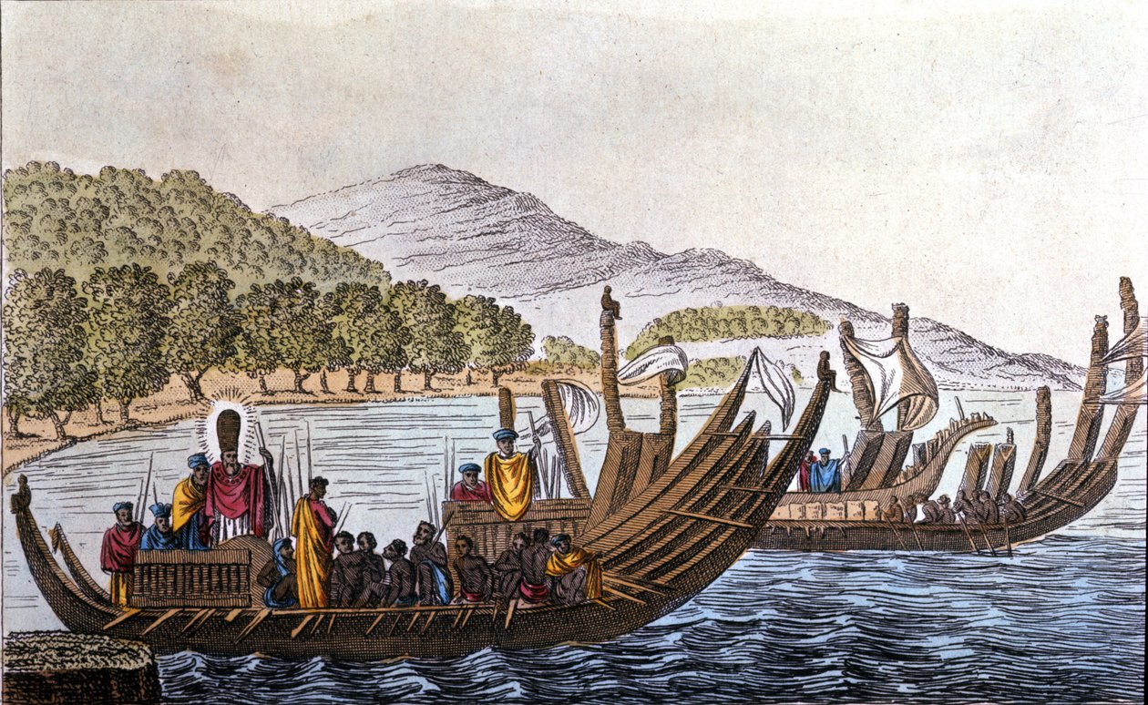 Het vertrek van Polynesiërs naar de Stille Oceaan aan boord van dubbelrompkano