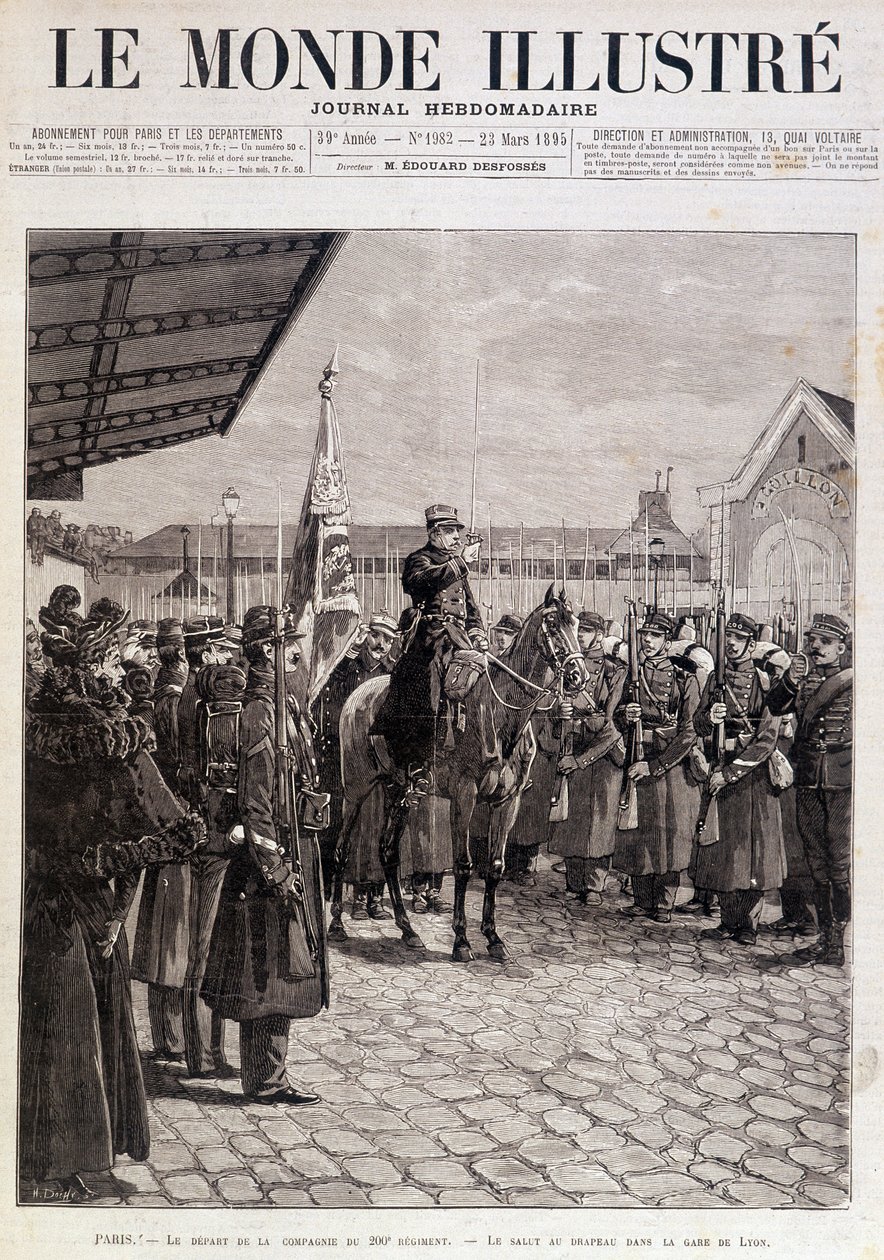 Het vertrek van de Compagnie van het 200e Regiment. Groet aan de vlag in het Gare de Lyon. “De Geïllustreerde Wereld”. 23/03/1895. Tekening. door Unknown artist