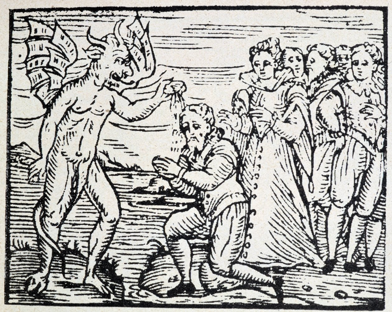 De duivel die mannen en vrouwen in gebed doopt - gravure door Unknown artist