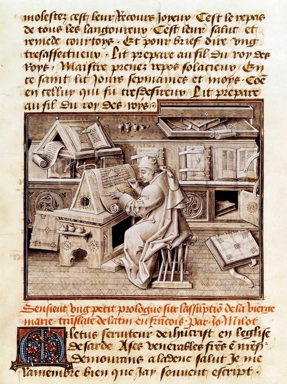 De geestelijke, kopiist en vertaler Jean Mielot (overleden 1472) werkt in zijn kantoor Pagina van een 15e-eeuws manuscript door Unknown artist