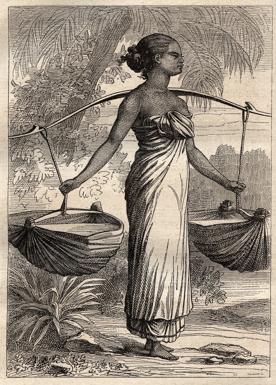 De expeditie rond de wereld (1790-1792) door Kapitein Etienne Marchand (1755-1793): waterdrager in Timor (Oost-Timor, Indonesië) - illustratie uit 