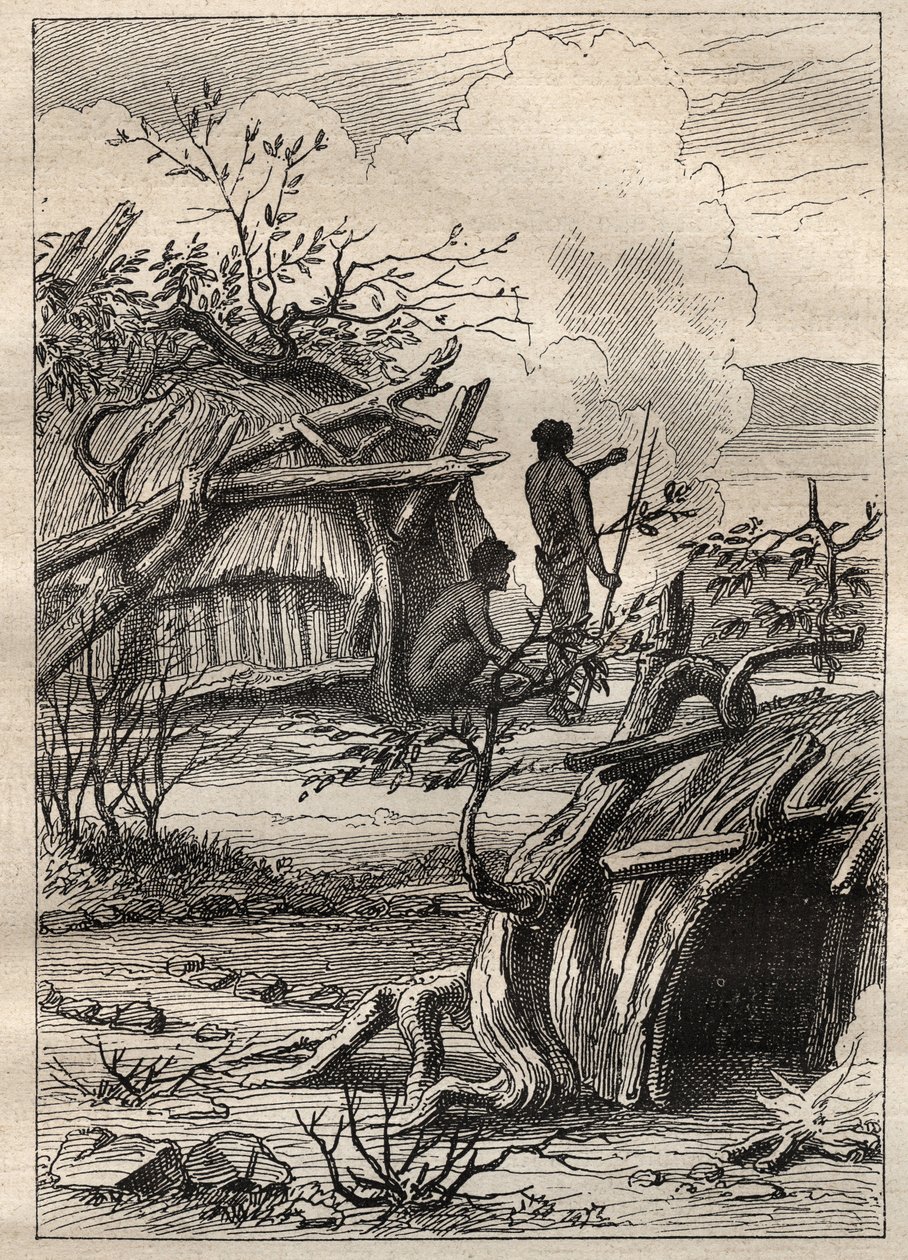 De expeditie rond de wereld (1790-1792) door kapitein Etienne Marchand (1755-1793): inheemse hutten van het land Enddacht (Australië) - illustratie uit De Grote Zeevaarders van de 18e eeuw door Unknown artist