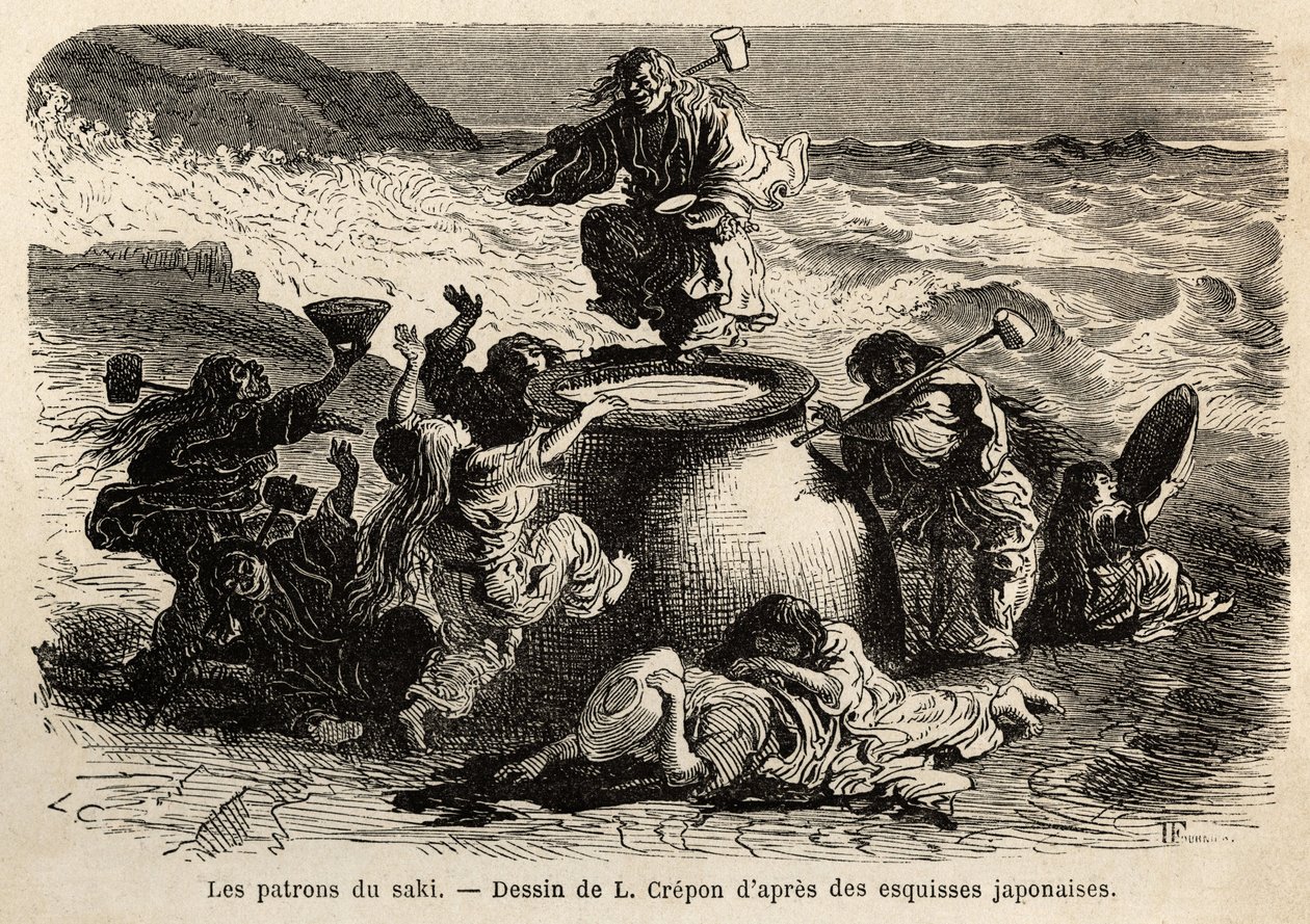 De familie van de uitvinders van sake, bestaande uit ouders en hun acht kinderen, collectieve bazen van de brouwerij, ze wonen aan de kust van de grote Oceaan, dragen een riem van eikenbladeren en een lange rode haardos die hen tot aan de heupen bedekt, ar door Unknown artist