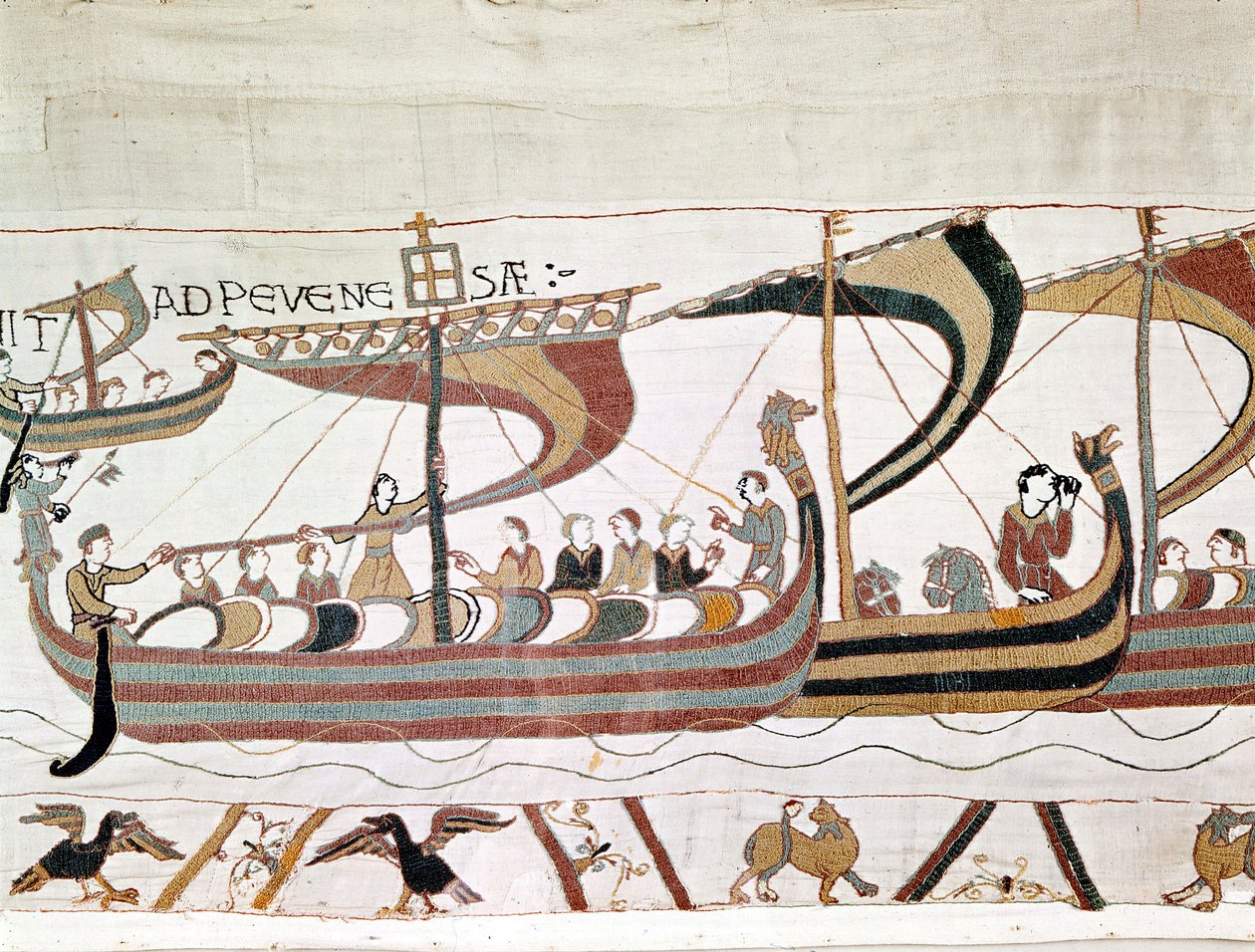 De vloot van Willem I de Veroveraar op weg naar Engeland - Tapijt van Bayeux, bekend als Borduurwerk van Koningin Mathilde door Unknown artist