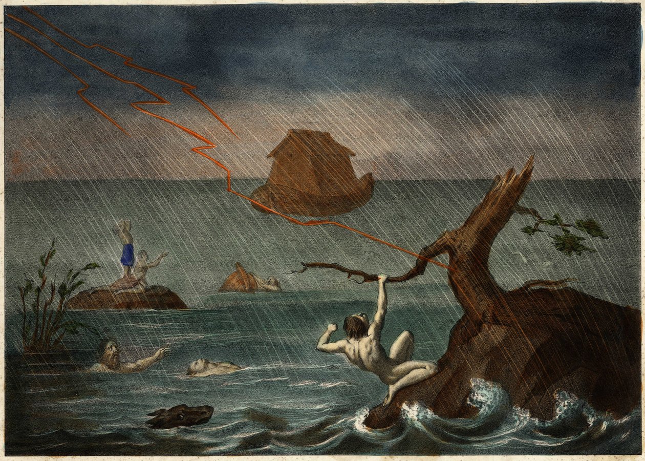 De zondvloed met de ark van Noach in de verte. Anonieme gravure uit het midden van de 19e eeuw door Unknown artist