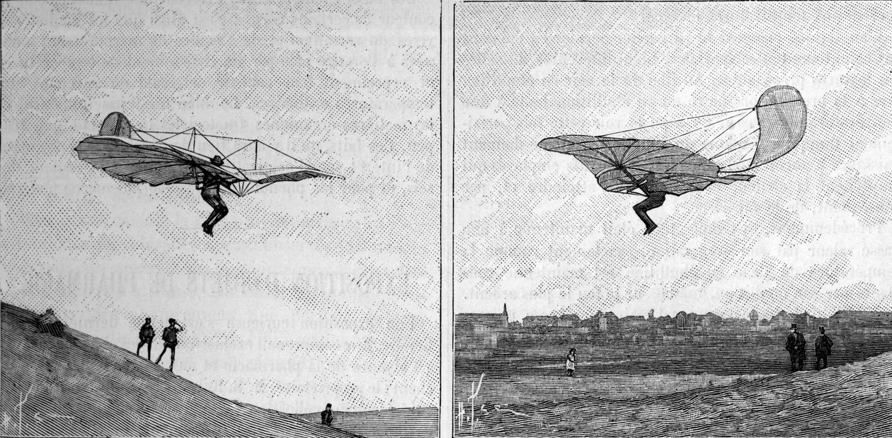 Het vliegende vliegtuig van Otto Lilienthal (1848-1896), Duitse luchtvaartpionier, in twee verschillende posities (van een momentopname). Gravure in 