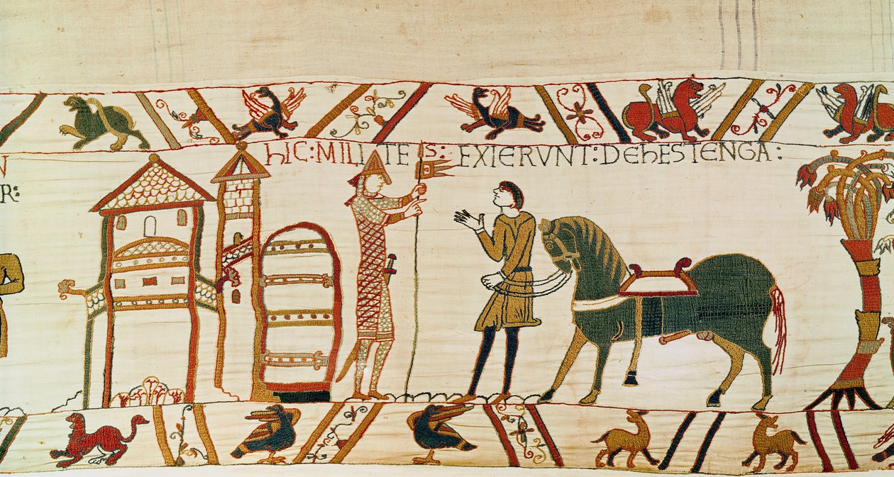 De poort van Hastings opent voor de Normandiërs om tegen Harold op te marcheren, Tapijt van Bayeux door Unknown artist