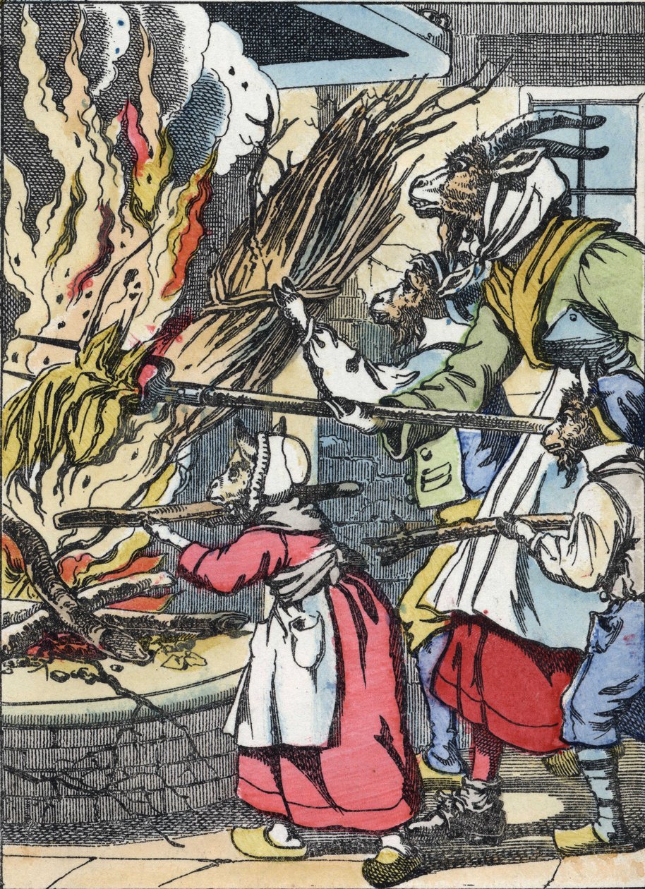 De geit en de snuisterijen steken de schoorsteen in brand (illustratie van het sprookje 
