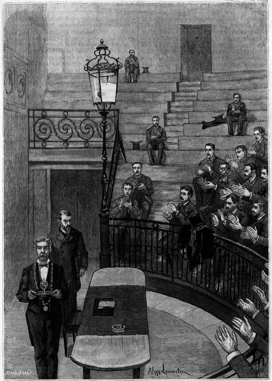 Het grote amfitheater van de Faculteit der Geneeskunde van het Latijnse Kwartier in Parijs. Gravure in het tijdschrift 