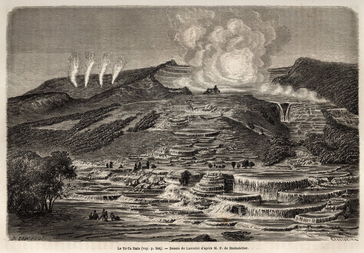 De hete bron van Te Tarata, omgeven door terrassen van witte silica, links vier geisers en rechts een meer en waterval door Unknown artist