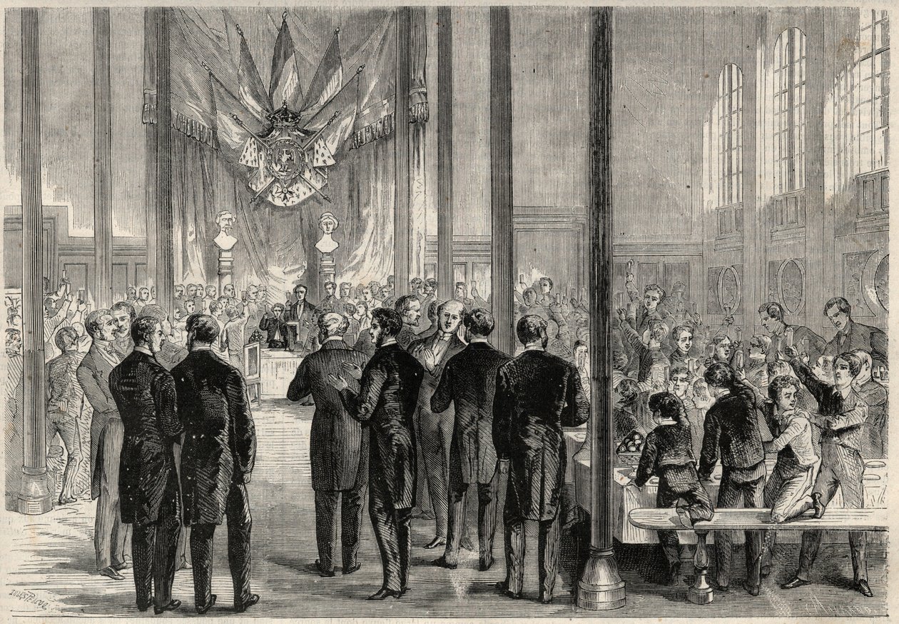 De keizerlijke prins Eugène Louis Joseph (1856-1879) woont het banket van de Saint Charlemagne bij in Parijs, op het Lycée Bonaparte (toen Lycée Condorcet). Gravure in 
