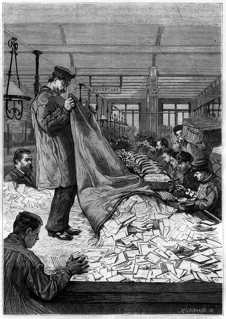 De grote tafels met brieven in de sorteercentra van het Hotel des Postes aan de Rue du Louvre in Parijs. Gravure in het tijdschrift 