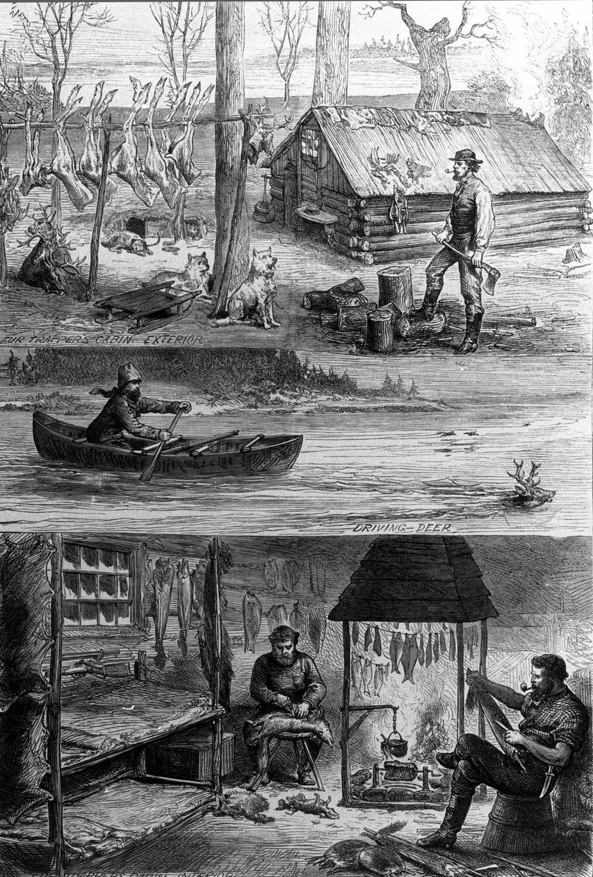 Het leven van trappers (beroepsjagers) in Canada: bovenaan staat een van de trappers bij zijn hut, onderaan werken ze leer en halen ze de vacht van de huid van de bevers. Gravure uit de 19e eeuw door Unknown artist