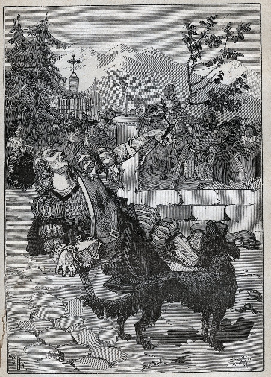 De lindeboom van Fribourg: een soldaat van de Helvetische Confederatie kwam naar Fribourg om de overwinning van Zwitserland tegen Karel de Stoute in de Slag bij Murten op 22 juni 1476 aan te kondigen met een tak van linde van het slagveld. De soldaat stier door Unknown artist
