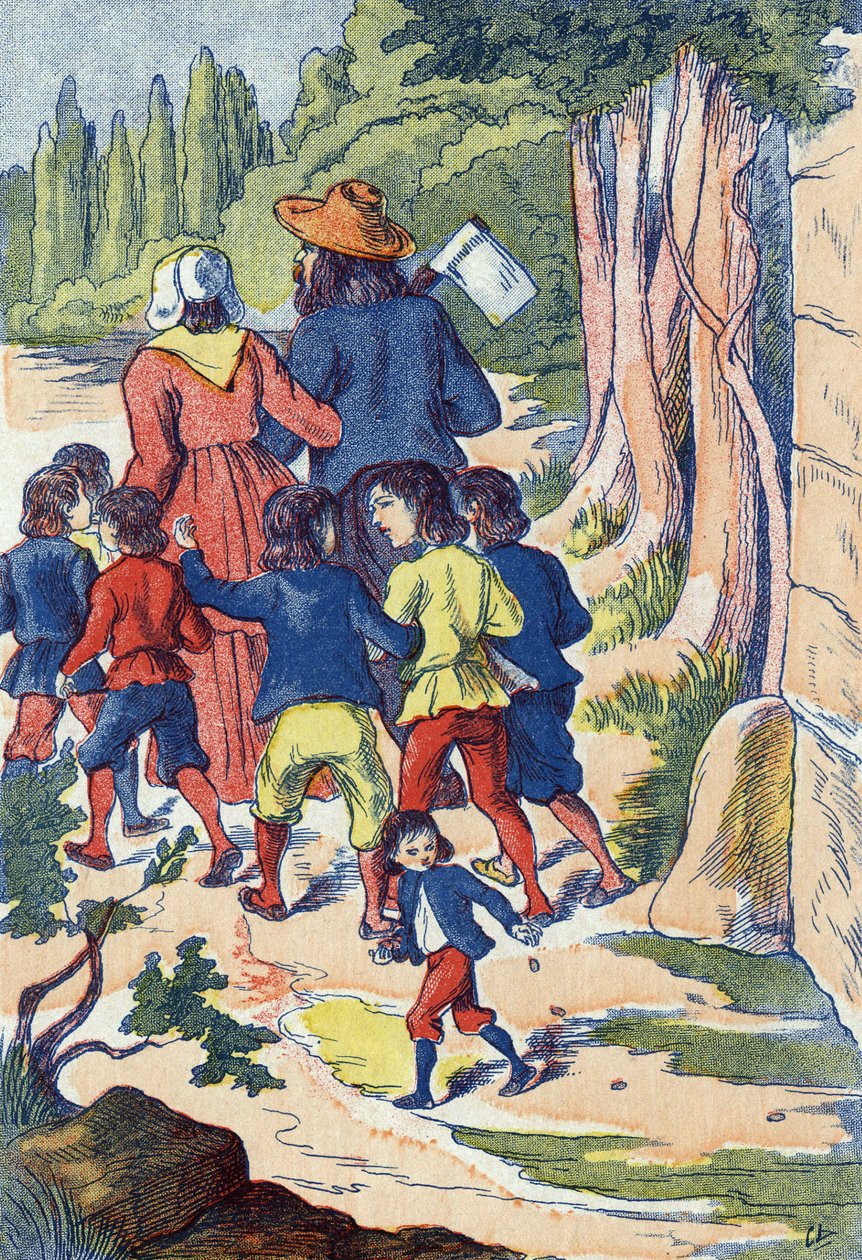 De kleine duim zaait stenen op zijn weg. Illustratie voor "De kleine duim", sprookje door Charles Perrault (1628-1703), Franse schrijver. Anonieme illustratie. Beeld Marcel Vagne, Jarville Nancy, ongedateerd (eind 19e eeuw). door Unknown artist