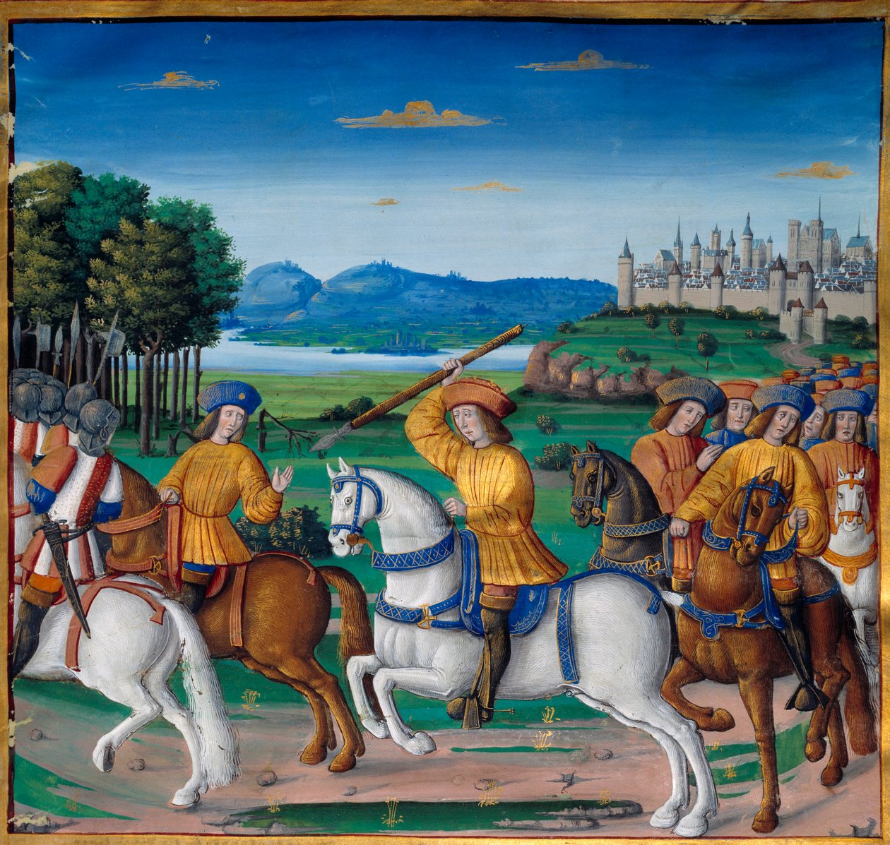De waanzin van Karel VI (1368 - 1422). Op 5 augustus 1392, in het bos van Le Mans, begon hij aanvallen van woeste waanzin te ervaren: schreeuwend om verraad, viel hij zijn eigen troep aan en doodde vier mensen. Kronieken van Enguerrand de Monstrelet door Unknown artist