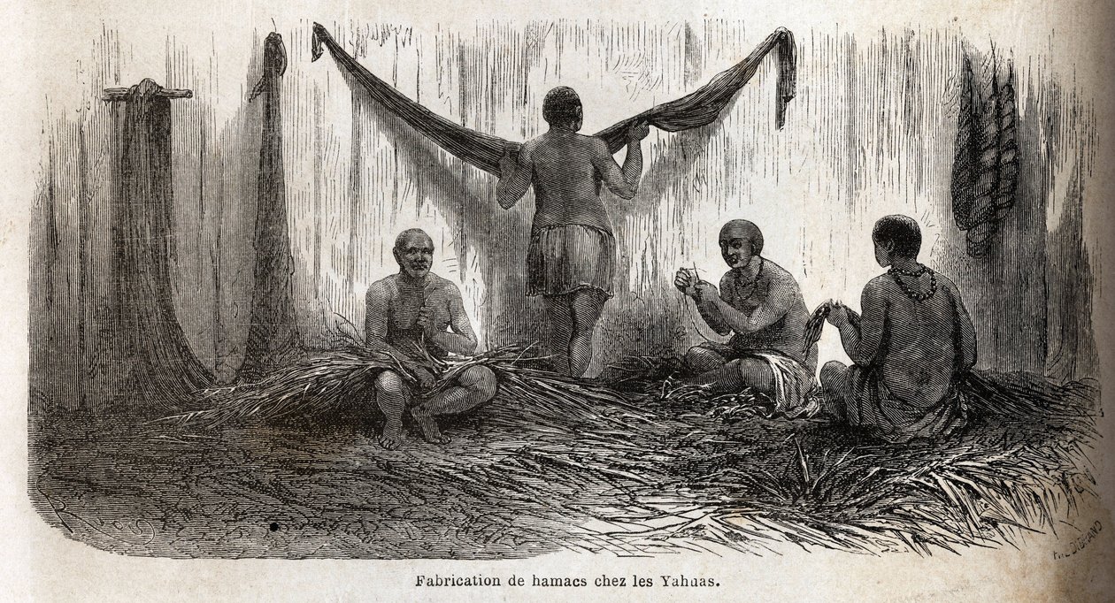 Het maken van hangmatten bij de Yahua-indianen van Peru door Unknown artist