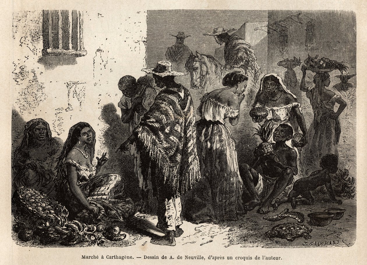 De mars van Cartagena, in de buitenwijken van de stad, voornamelijk bezocht door zwarten, mestiezen en indianen. Gravure ter illustratie van de reis naar Nieuw-Granada, door Dr. Saffray, 1869, gepubliceerd in 